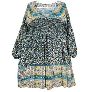 One World Women's Blue Floral Print Long Sleeve Smocked‎ Boho Mini Dress L